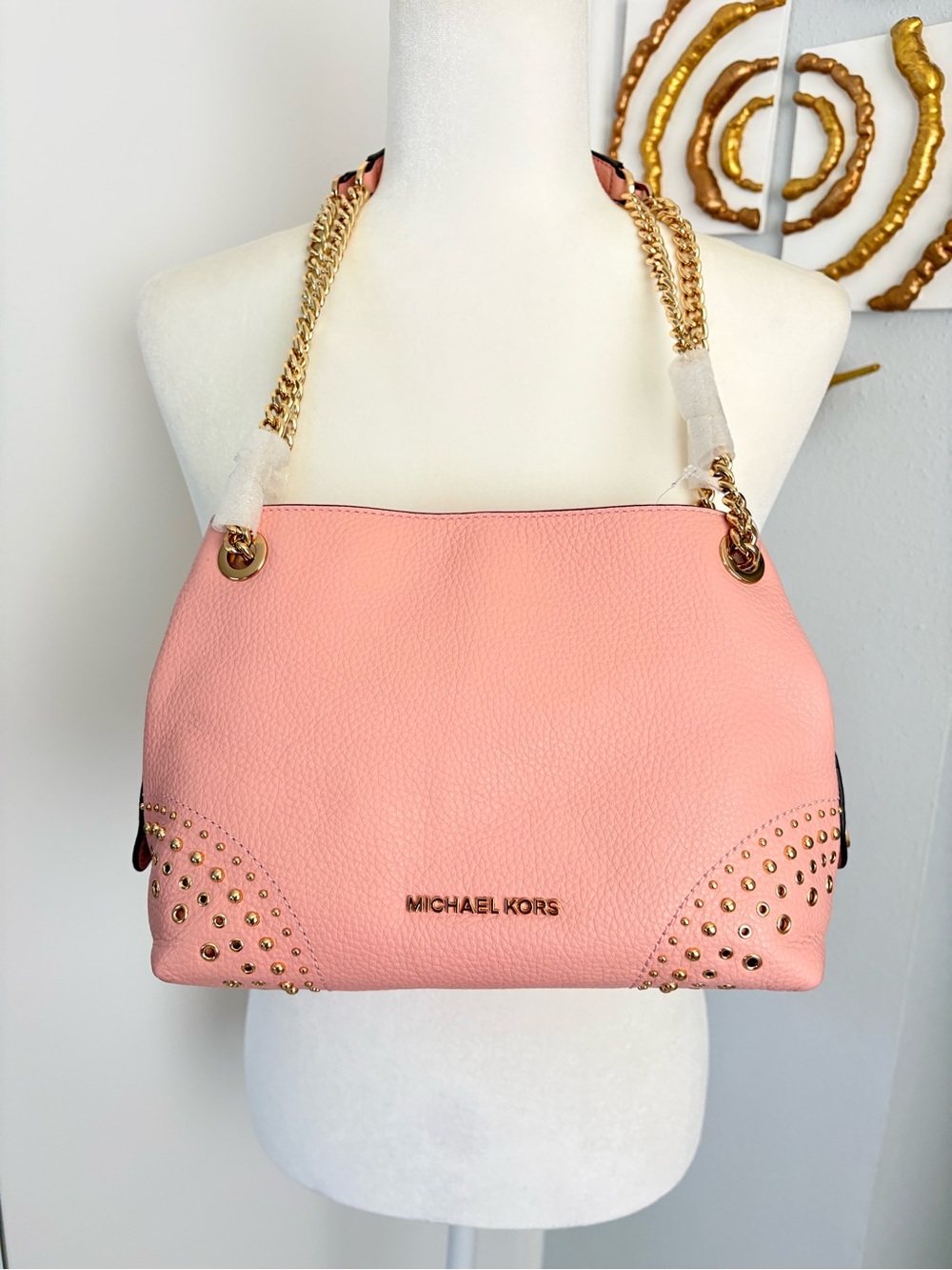 Michael Kors Pink Pebble Leather Shoulder Bag with Gold Chain Straps